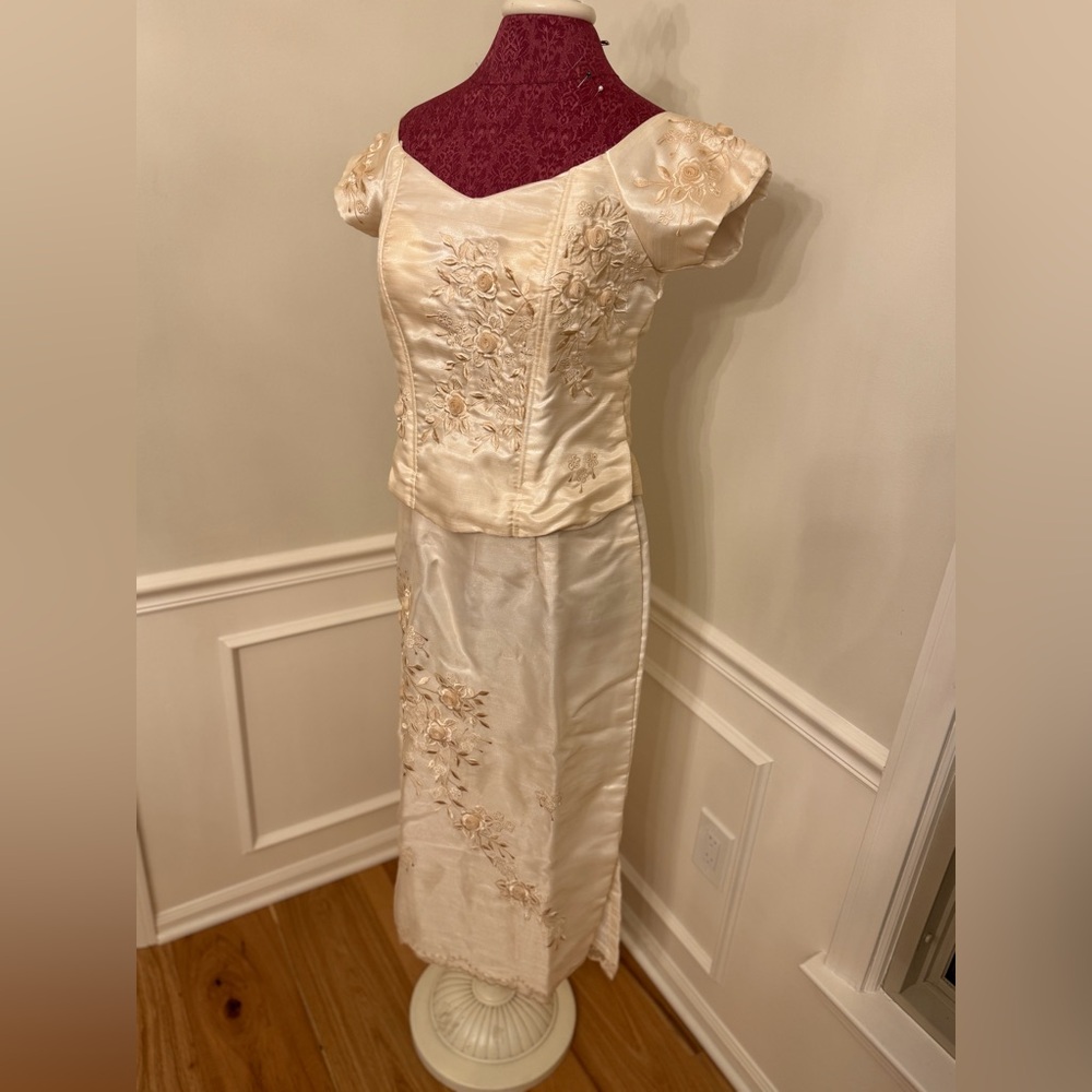 Elegant Cream Floral Embroidered Filipiniana Dress